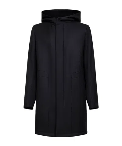 Tagliatore Black Virgin Wool Twill Hooded Coat In Blue