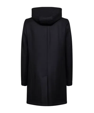Tagliatore Black Virgin Wool Twill Hooded Coat In Blue