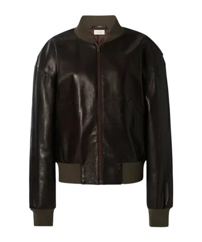 The Row Morisel Leather Bomber Jacket In Brown