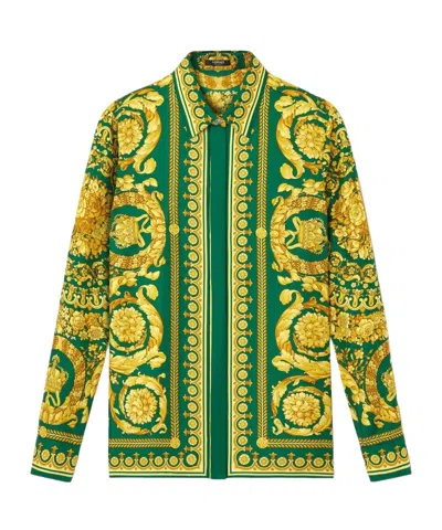 Versace Barocco-print Silk Shirt In Green