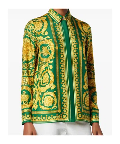 Versace Barocco-print Silk Shirt In Green