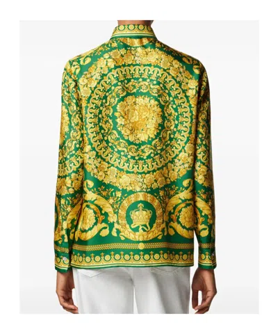 Versace Barocco-print Silk Shirt In Green