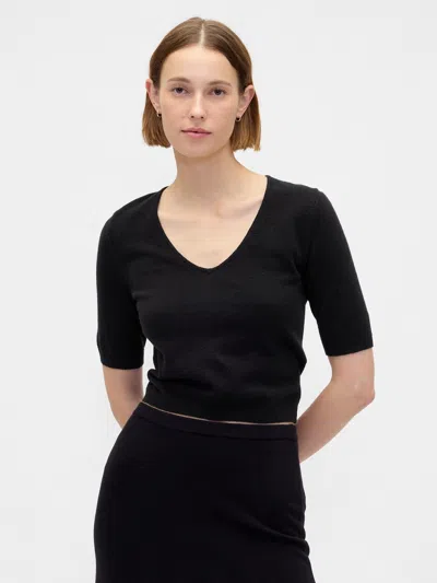 Gap Cashsoft Elbow Sleeve Crop Sweater In Black