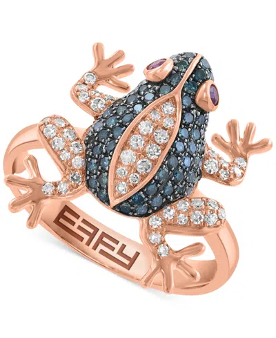 Effy Collection Effy Blue & White Diamond (1/2 Ct. T.w.) & Ruby (1/20 Ct. T.w.) Frog Ring In 14k Rose Gold In Gold