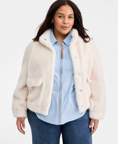 On 34th Trendy Plus Size Solid Faux-fur Bomber Jacket, Macy's Exclusive In White