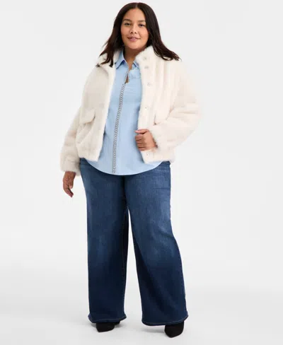 On 34th Trendy Plus Size Solid Faux-fur Bomber Jacket, Macy's Exclusive In White