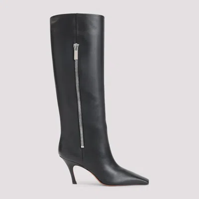 Amina Muaddi Black Mona 80 Leather Boots In Animal Print