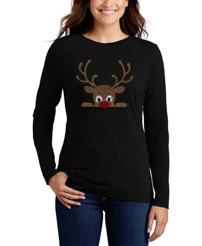 La Pop Art Women's Peeking Reindeer Word Art Long Sleeve T-shirt In Black