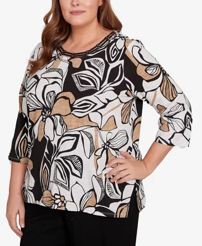 Alfred Dunner Plus Size Floral Leaf Embellished Top In Multi