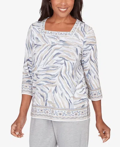 Alfred Dunner Women's Comfort & Joy Square Neck Animal Print Border Top In White