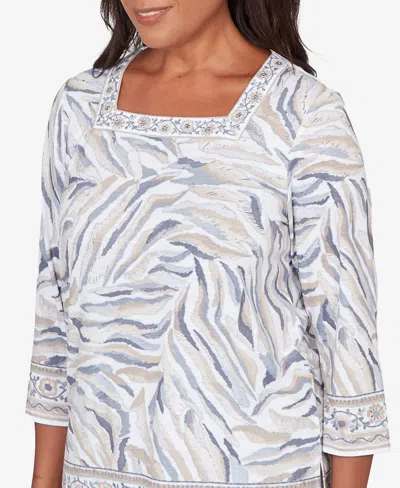 Alfred Dunner Women's Comfort & Joy Square Neck Animal Print Border Top In White