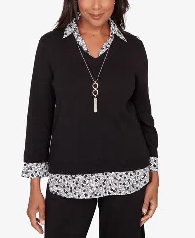 Alfred Dunner Women's Seville Print Woven Two In One Sweater With Necklace In Black