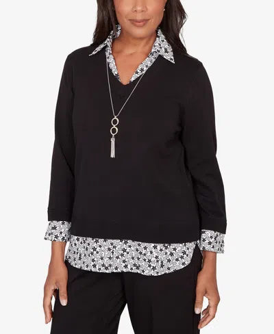 Alfred Dunner Women's Seville Print Woven Two In One Sweater With Necklace In Black