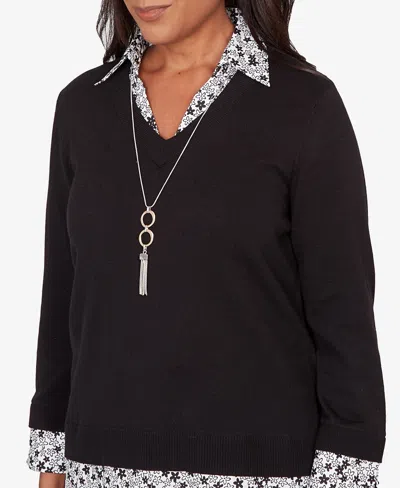 Alfred Dunner Women's Seville Print Woven Two In One Sweater With Necklace In Black