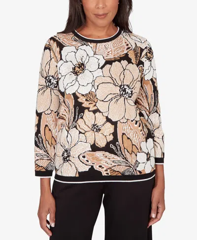 Alfred Dunner Women's Seville Jacquard Floral Butterfly Sweater In Multi
