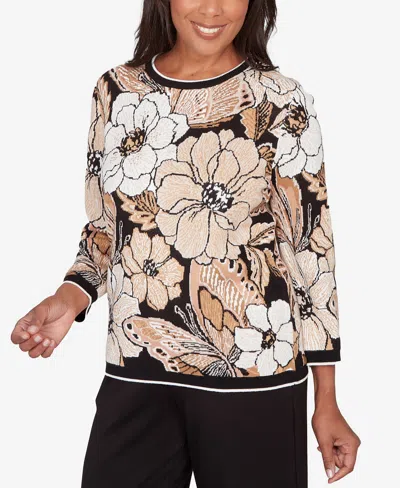 Alfred Dunner Women's Seville Jacquard Floral Butterfly Sweater In Multi