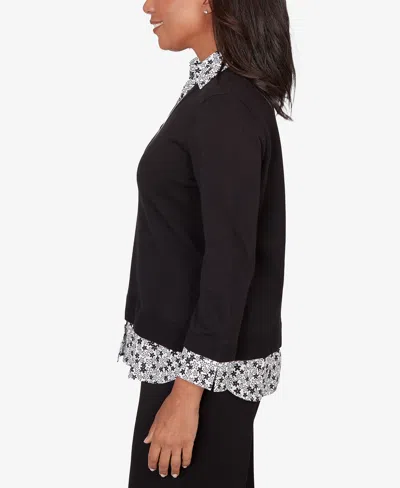 Alfred Dunner Petite Seville Print Woven Two In One Sweater With Necklace In Black
