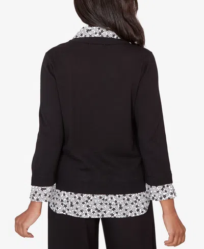 Alfred Dunner Petite Seville Print Woven Two In One Sweater With Necklace In Black