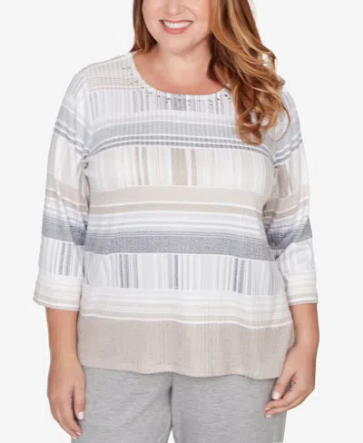 Alfred Dunner Plus Size Comfort & Joy Geometric Stripe Embellished Crew Neck Top In Multi