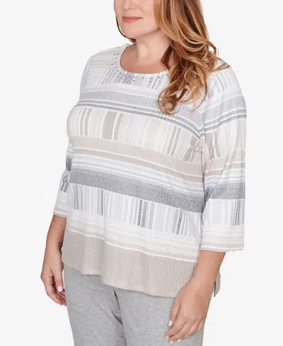 Alfred Dunner Plus Size Comfort & Joy Geometric Stripe Embellished Crew Neck Top In Multi