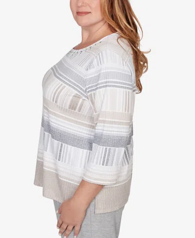Alfred Dunner Plus Size Comfort & Joy Geometric Stripe Embellished Crew Neck Top In Multi