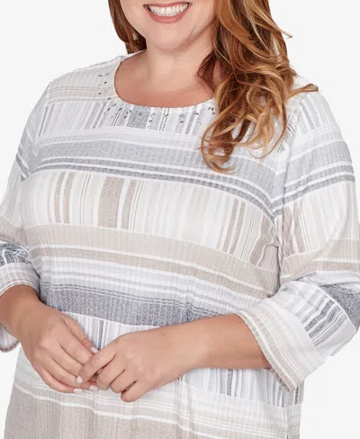 Alfred Dunner Plus Size Comfort & Joy Geometric Stripe Embellished Crew Neck Top In Multi