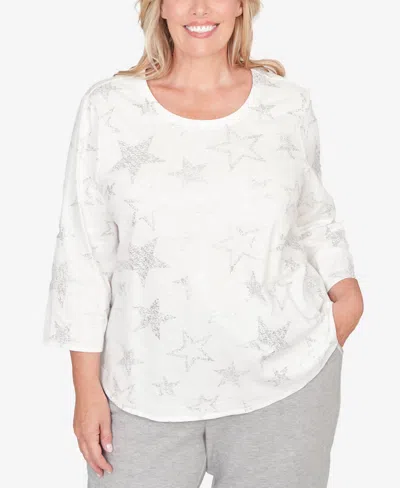 Alfred Dunner Plus Size Comfort & Joy Star Print Crew Neck Top In White
