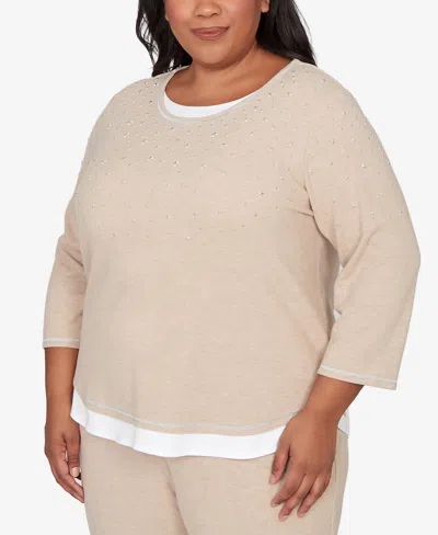 Alfred Dunner Plus Size Comfort & Joy Embellished Layered Hem Crew Neck Top In Neutral