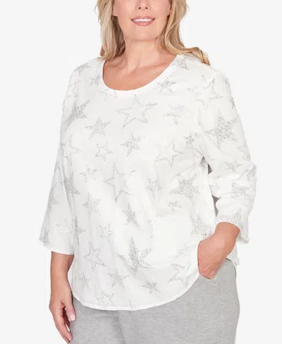 Alfred Dunner Plus Size Comfort & Joy Star Print Crew Neck Top In White