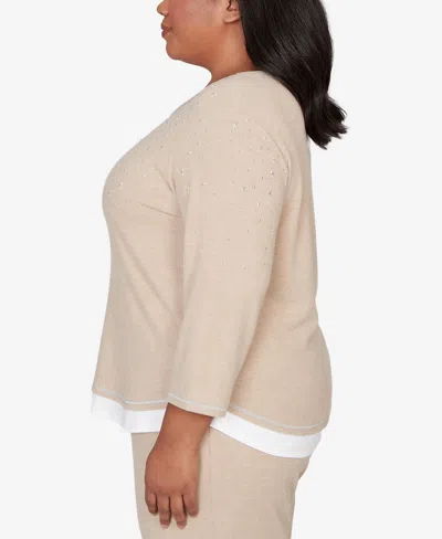 Alfred Dunner Plus Size Comfort & Joy Embellished Layered Hem Crew Neck Top In Neutral