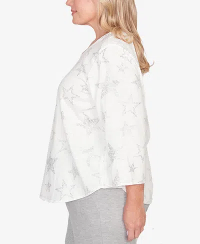 Alfred Dunner Plus Size Comfort & Joy Star Print Crew Neck Top In White