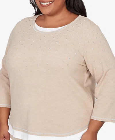 Alfred Dunner Plus Size Comfort & Joy Embellished Layered Hem Crew Neck Top In Neutral