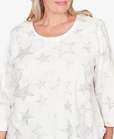 Alfred Dunner Plus Size Comfort & Joy Star Print Crew Neck Top In White