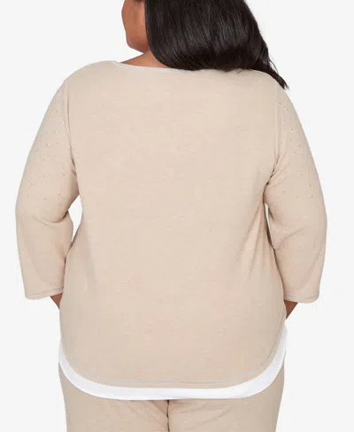 Alfred Dunner Plus Size Comfort & Joy Embellished Layered Hem Crew Neck Top In Neutral