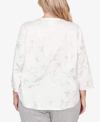 Alfred Dunner Plus Size Comfort & Joy Star Print Crew Neck Top In White