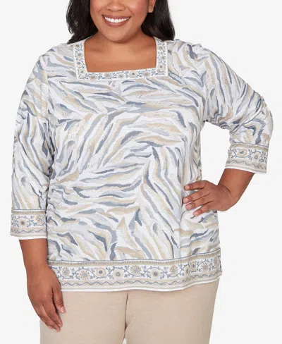 Alfred Dunner Plus Size Comfort & Joy Square Neck Animal Print Border Top In Gray