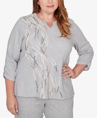 Alfred Dunner Plus Size Comfort & Joy Metallic Swirl Embroidered Split Neck Top In Gray