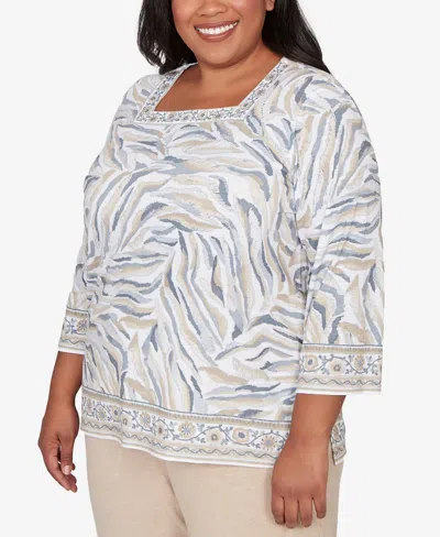Alfred Dunner Plus Size Comfort & Joy Square Neck Animal Print Border Top In Gray