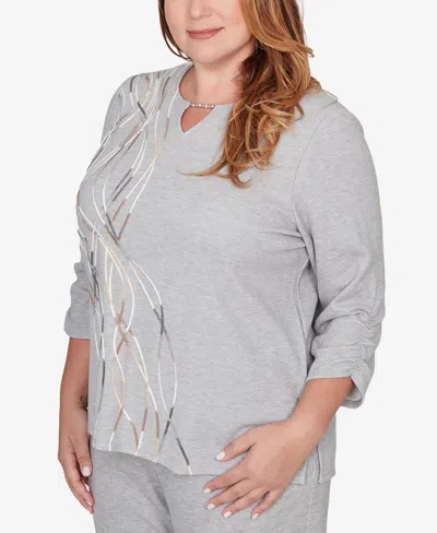 Alfred Dunner Plus Size Comfort & Joy Metallic Swirl Embroidered Split Neck Top In Gray