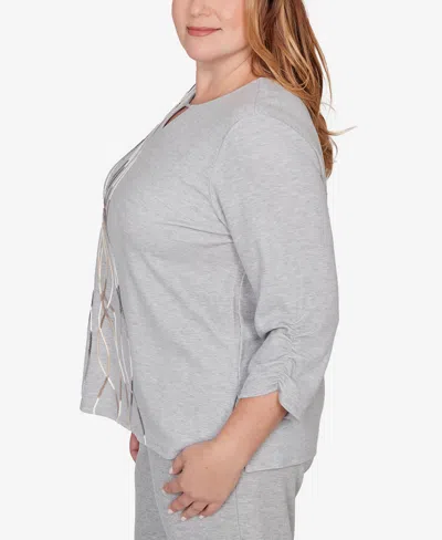 Alfred Dunner Plus Size Comfort & Joy Metallic Swirl Embroidered Split Neck Top In Gray