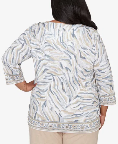 Alfred Dunner Plus Size Comfort & Joy Square Neck Animal Print Border Top In Gray