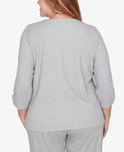 Alfred Dunner Plus Size Comfort & Joy Metallic Swirl Embroidered Split Neck Top In Gray