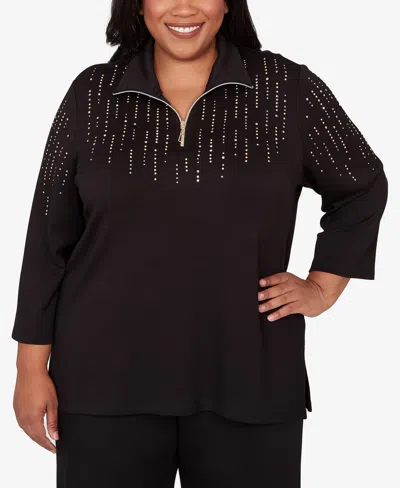 Alfred Dunner Plus Size Seville Heat Set Embellished Zip Mock Neck Top In Black