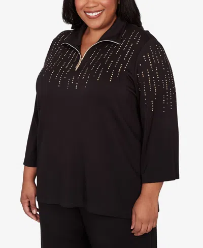 Alfred Dunner Plus Size Seville Heat Set Embellished Zip Mock Neck Top In Black