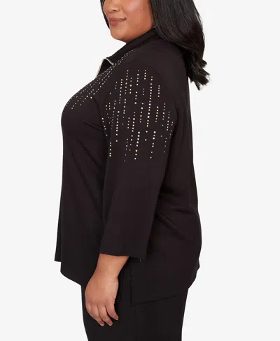 Alfred Dunner Plus Size Seville Heat Set Embellished Zip Mock Neck Top In Black