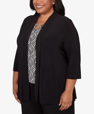Alfred Dunner Plus Size Seville Border Print Two In One Top In Black