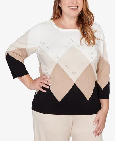 Alfred Dunner Plus Size Seville Argyle Ribbed Jewel Neck Sweater In Multi
