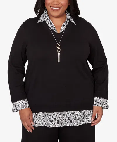 Alfred Dunner Plus Size Seville Print Woven Two In One Sweater With Necklace In Black