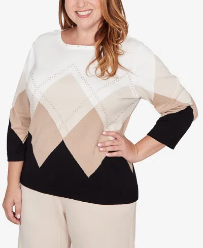 Alfred Dunner Plus Size Seville Argyle Ribbed Jewel Neck Sweater In Multi