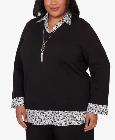 Alfred Dunner Plus Size Seville Print Woven Two In One Sweater With Necklace In Black
